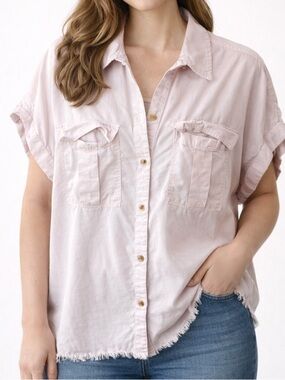 Francesca’s Oversized Light Pink Button-Up Shirt | Raw Hem Collared Blouse